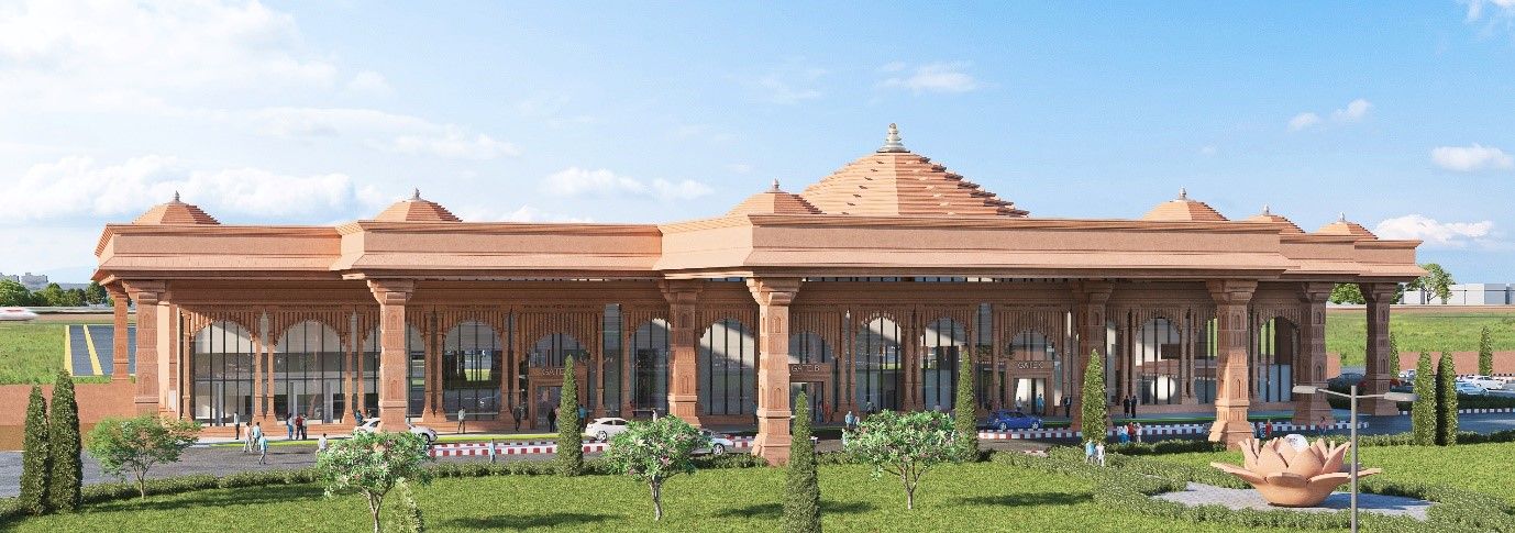 अयोध्या एयरपोर्ट श्री राम मंदिर की वास्तुकला को दर्शाता है.